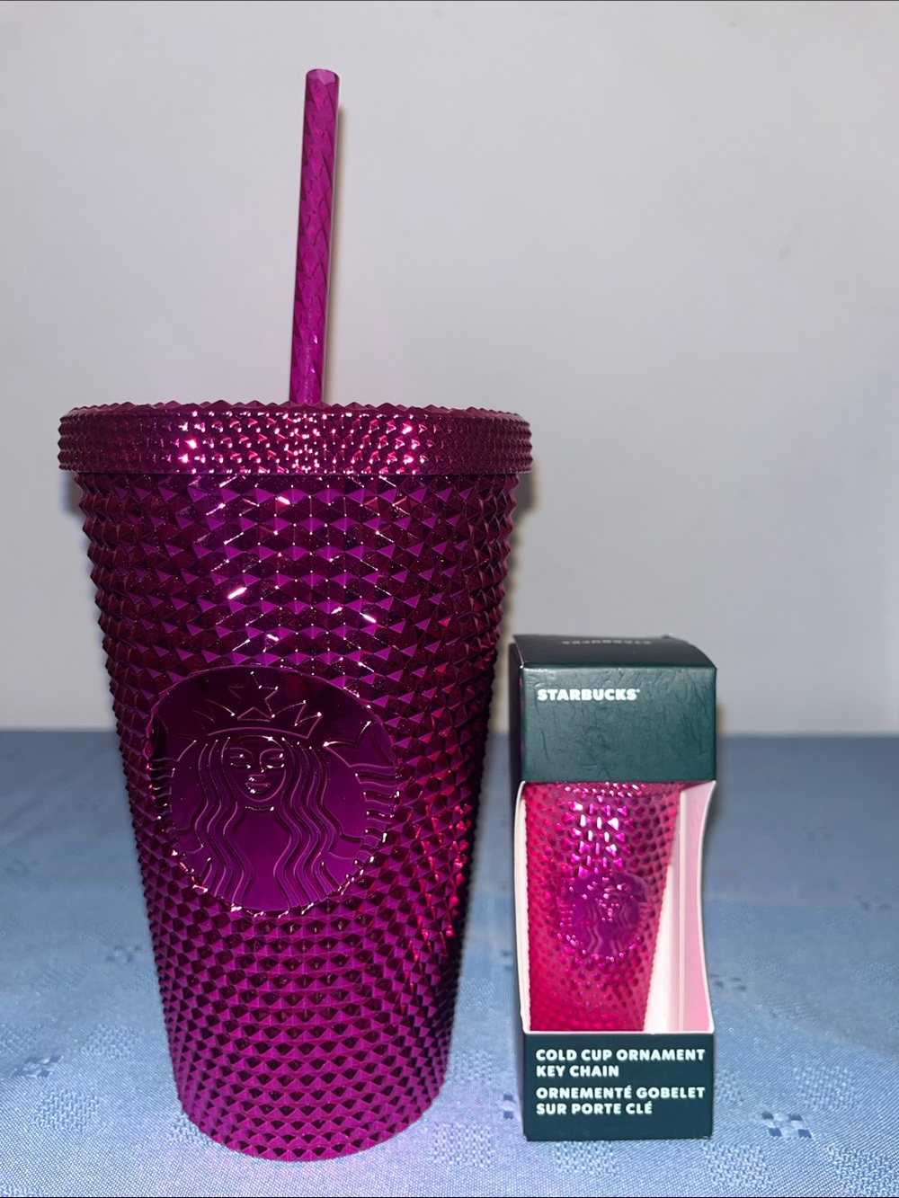 Starbucks Metallic Hot Pink Studded Cold Cup and matching mini ornament keychain